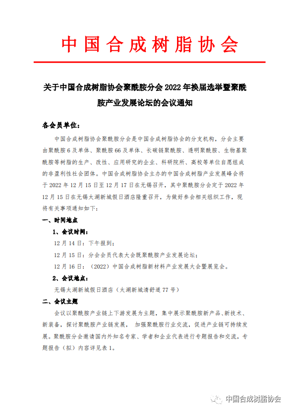 【會議通知】中國妖精影院樹脂協會聚酰胺分會（huì）2022年換屆選舉暨聚酰（xiān）胺產業發展論壇