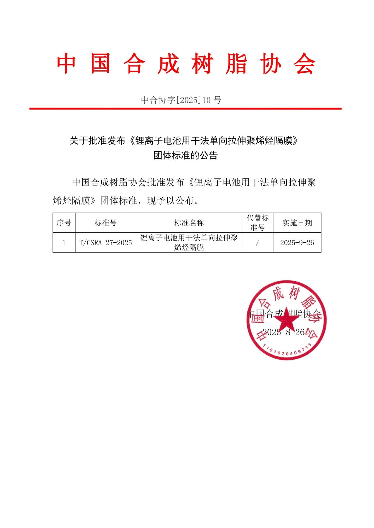 團體標準（zhǔn） | 關於批準公布《鋰離子（zǐ）電池用幹法單（dān）向拉伸聚烯烴（tīng）隔膜》的公告